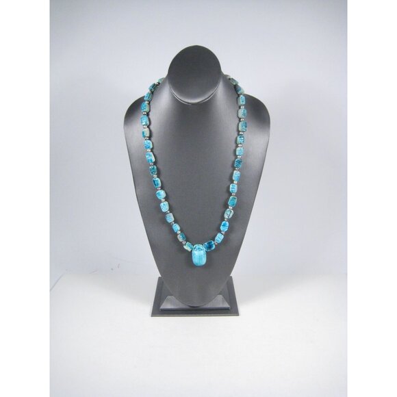 Egyptian Revival Scarab Faience Necklace Beaded Ceramic Vintage Pendant 29 READ - Picture 7 of 15